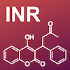 Chemical structure of warfarin in white on a background gradient of sunset red in the top left to sunset purple in the bottom right.